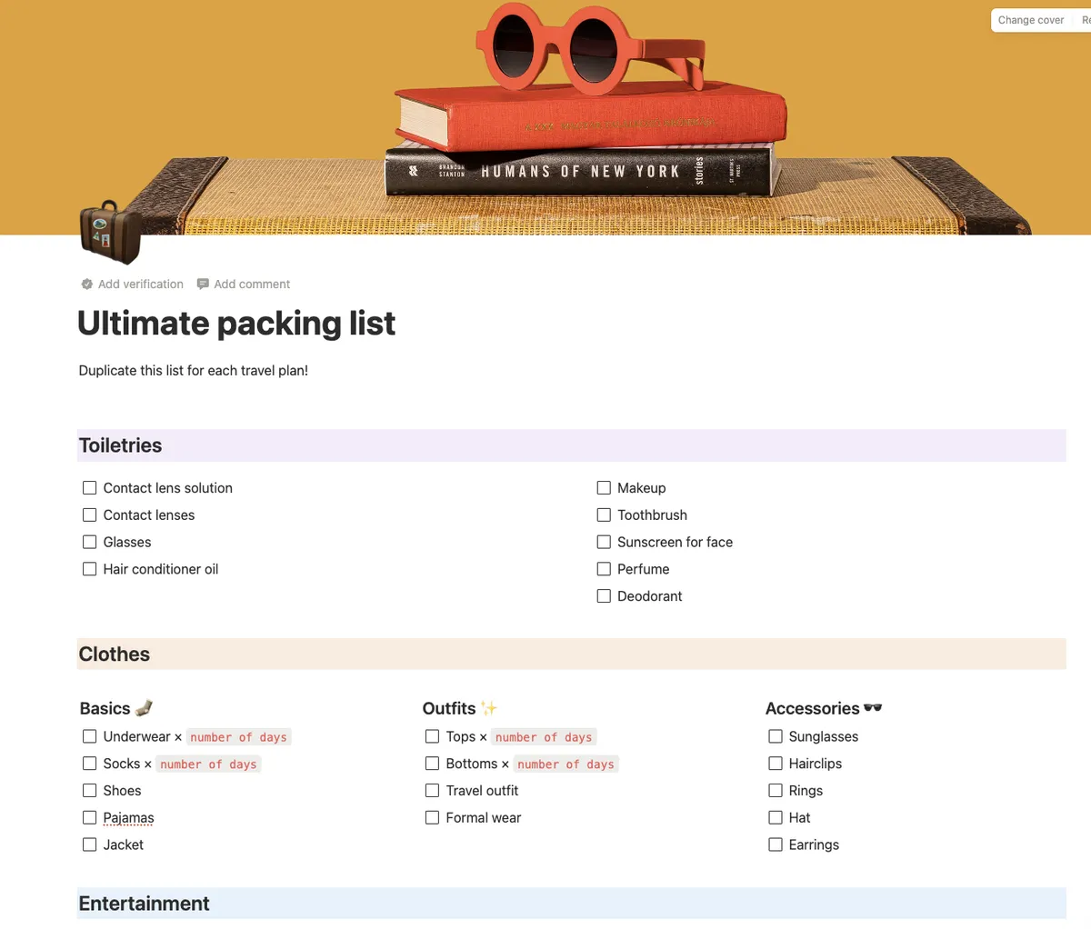 A list with a cover image of red sunglasses on top of a red book, followed by a book titled, "Humans of New York," all stacked on top of a suitcase. The list has titles like "toiletries, clothes, and entertainment," with checkboxes next to the items.