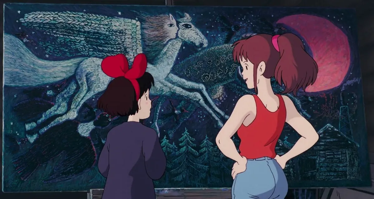 Kiki and Ursula stand in front of Ursula's painting. It depicts a woman seated on a white horse with wings. They are flying through the forest. The art style is very impressionistic.