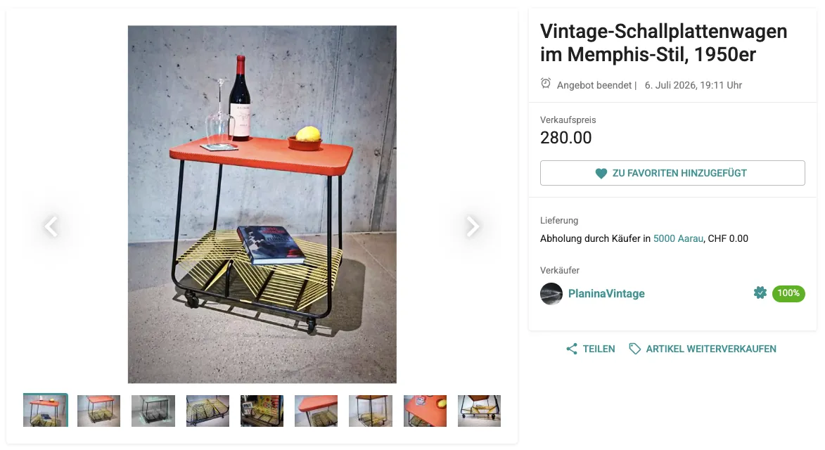 Screenshot of the listing's webpage, featuring a record player cart with a red top and yellow cords to store records wrapped around the legs.