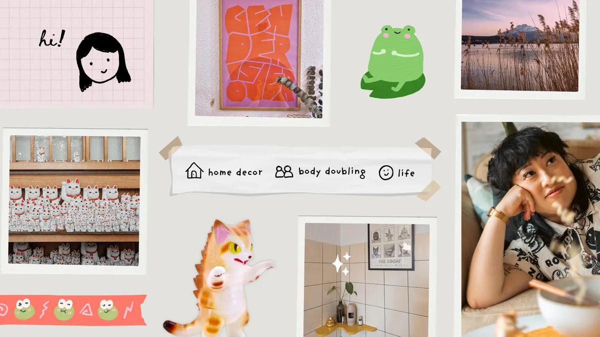 A collage of various cute illustrations and photos. The title reads, "home decor, body doubling, life."
