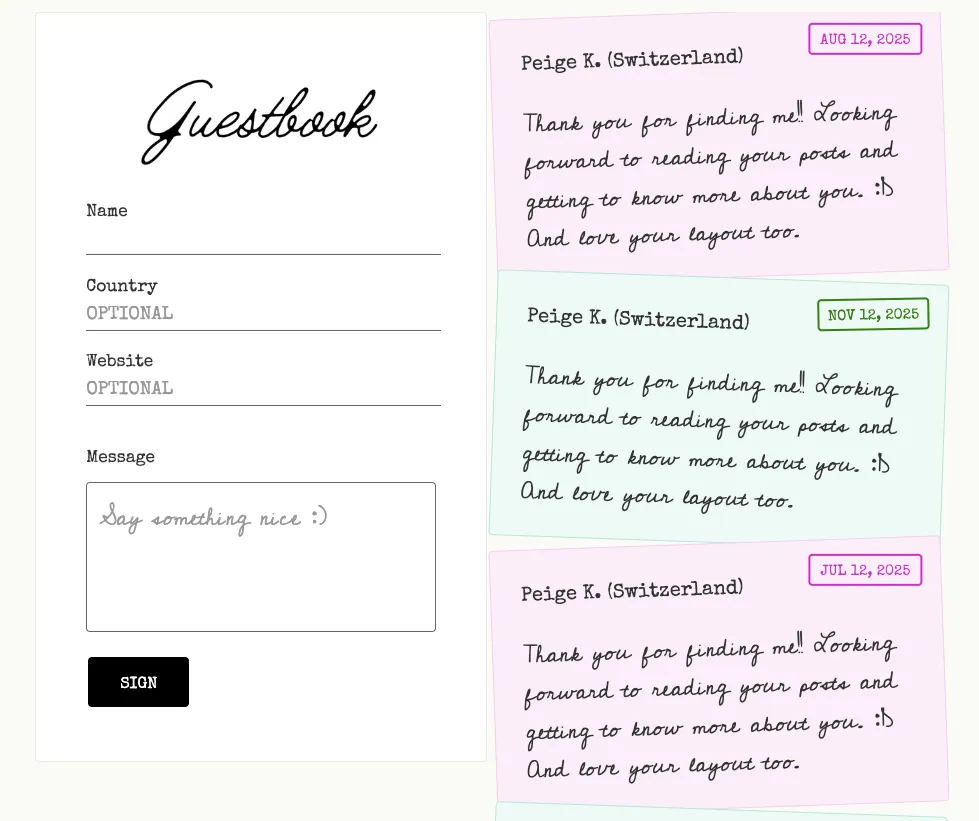 Guestbook form on the left. The right now has cards in alternating pink and green, with fake messages.