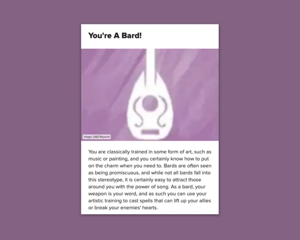 Screenshot of the quiz's result for bard.