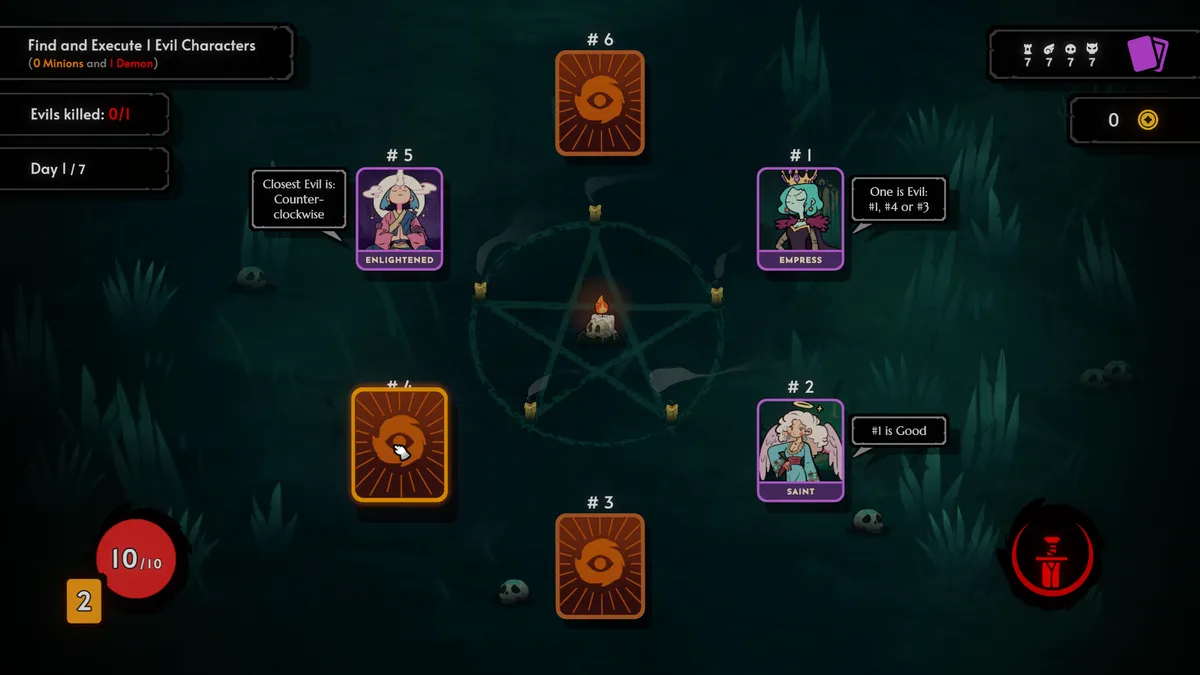Example gameplay. There are six cards surrounding a demonic circle. Some cards are flipped open and show different characters, each with their own statement.