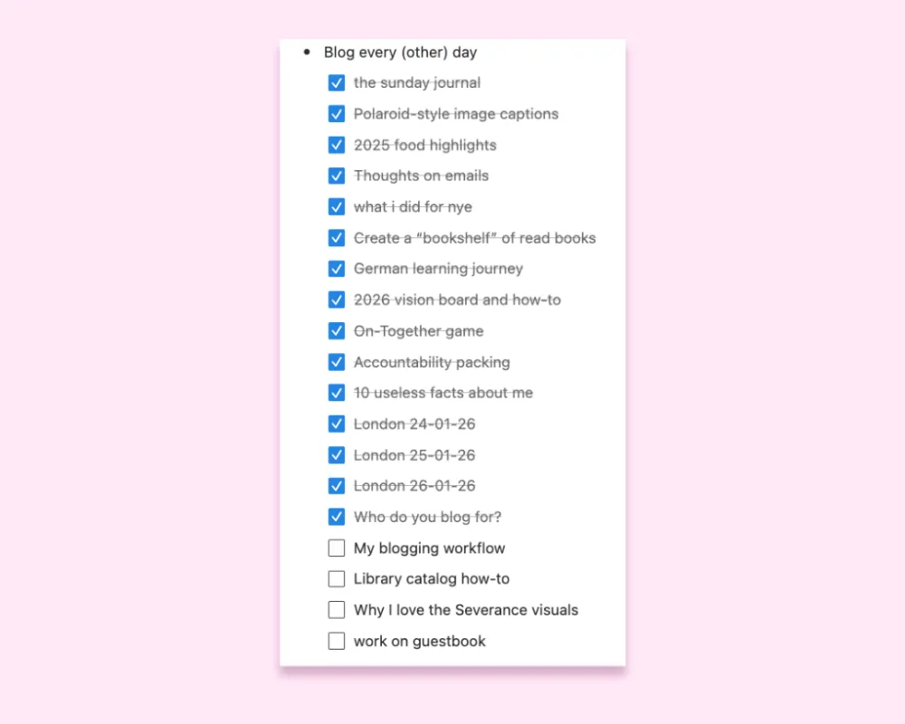 A list of blog posts, the majority of them checked off, against a pink background.