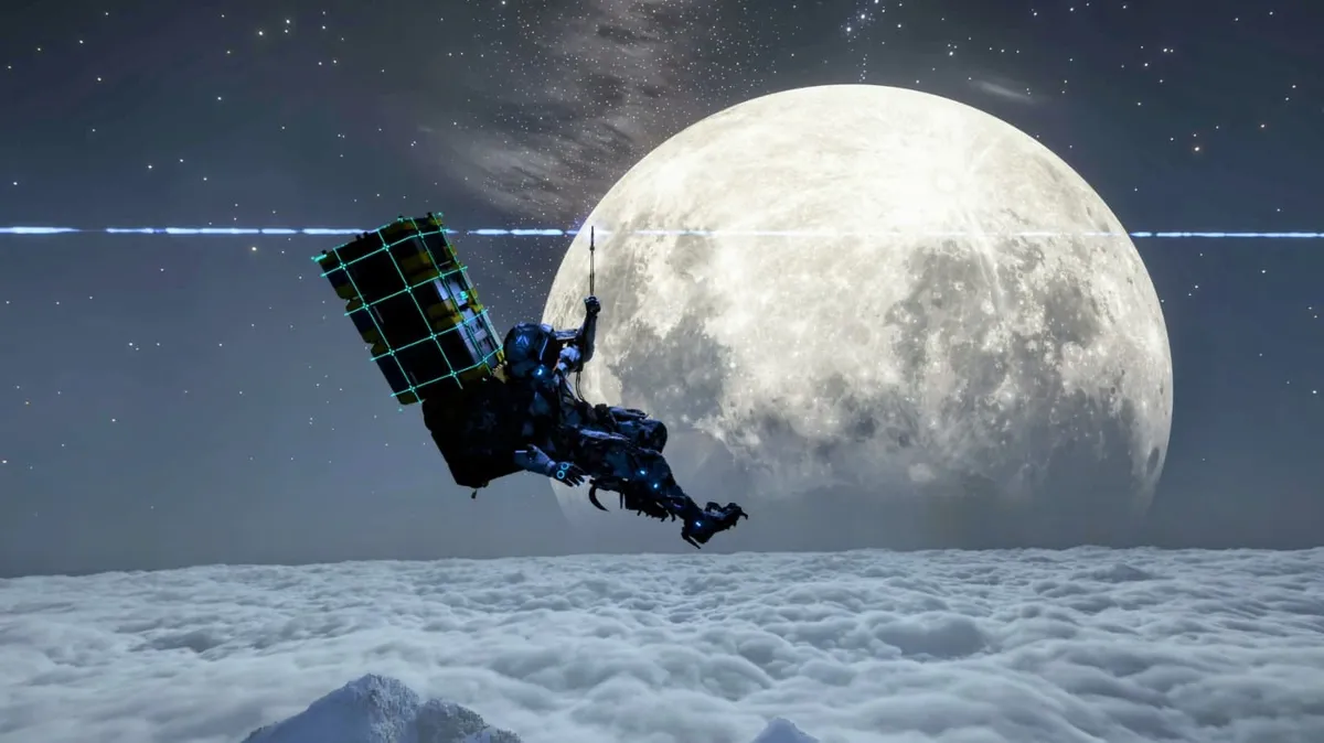 Sam Porter Bridges rides on an electronic zipline, high above the clouds, with a giant moon in full view.