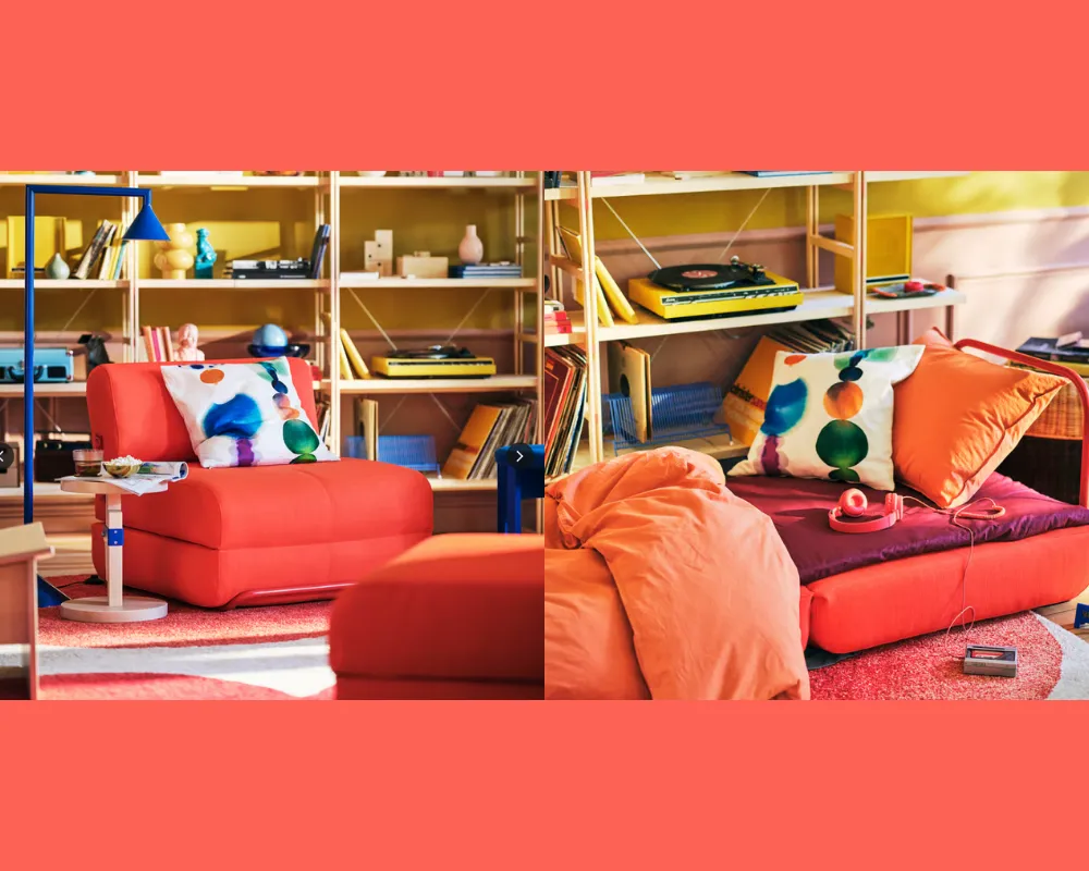 A foldout chair-bed in electric orange.
