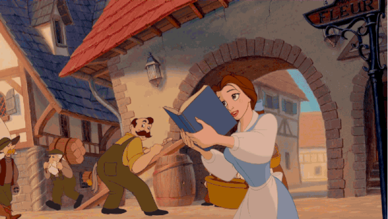 Belle spinning around and singing in her little town.