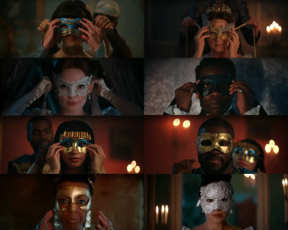 A collage of various Bridgerton characters donning on their masks.