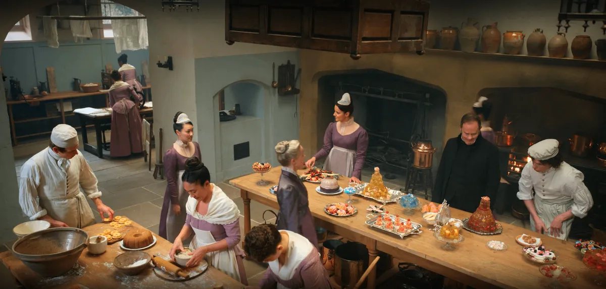 Sophie receiving a tour of the Bridgerton's downstairs kitchen.