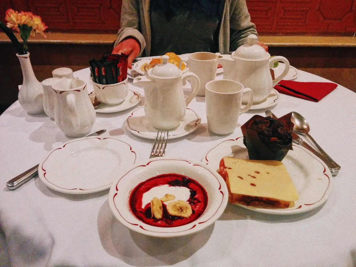 A breakfast spread on fine china.