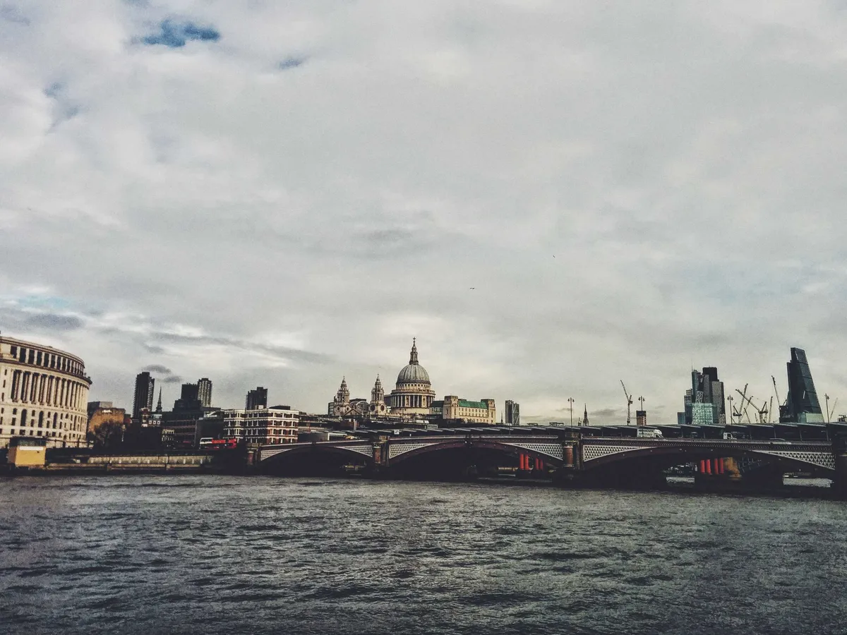 A view across the river of the Millennium Bridge and St. Paul's Cathedral in the background.