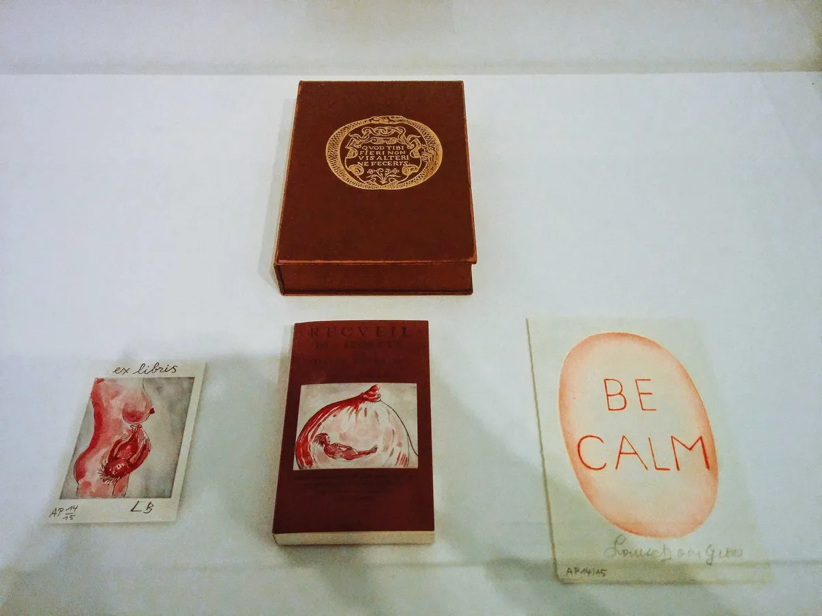 A display containing two brown books, a painting of a pregnant body, and a card that says, "Be calm."