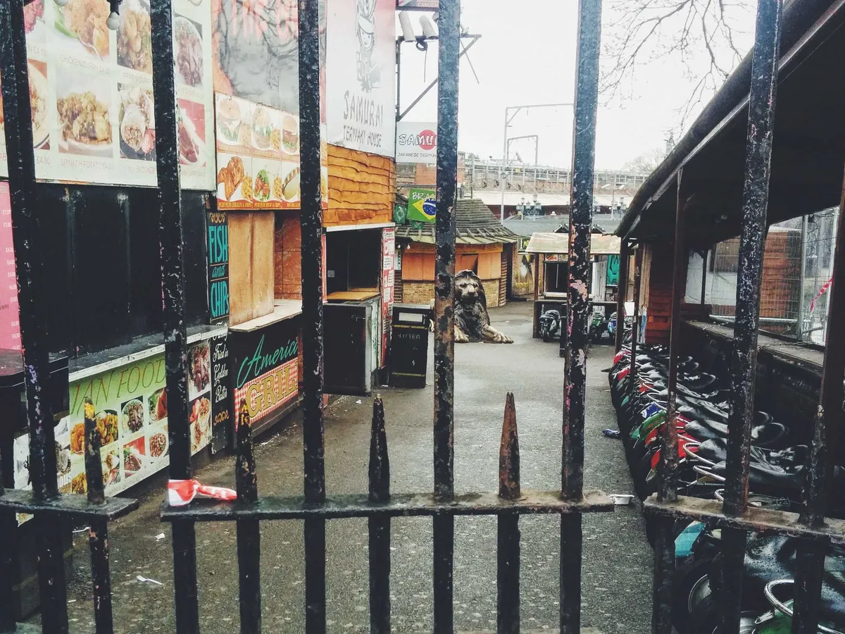 A big lion statue sitting on the ground, seen through a black iron gate.