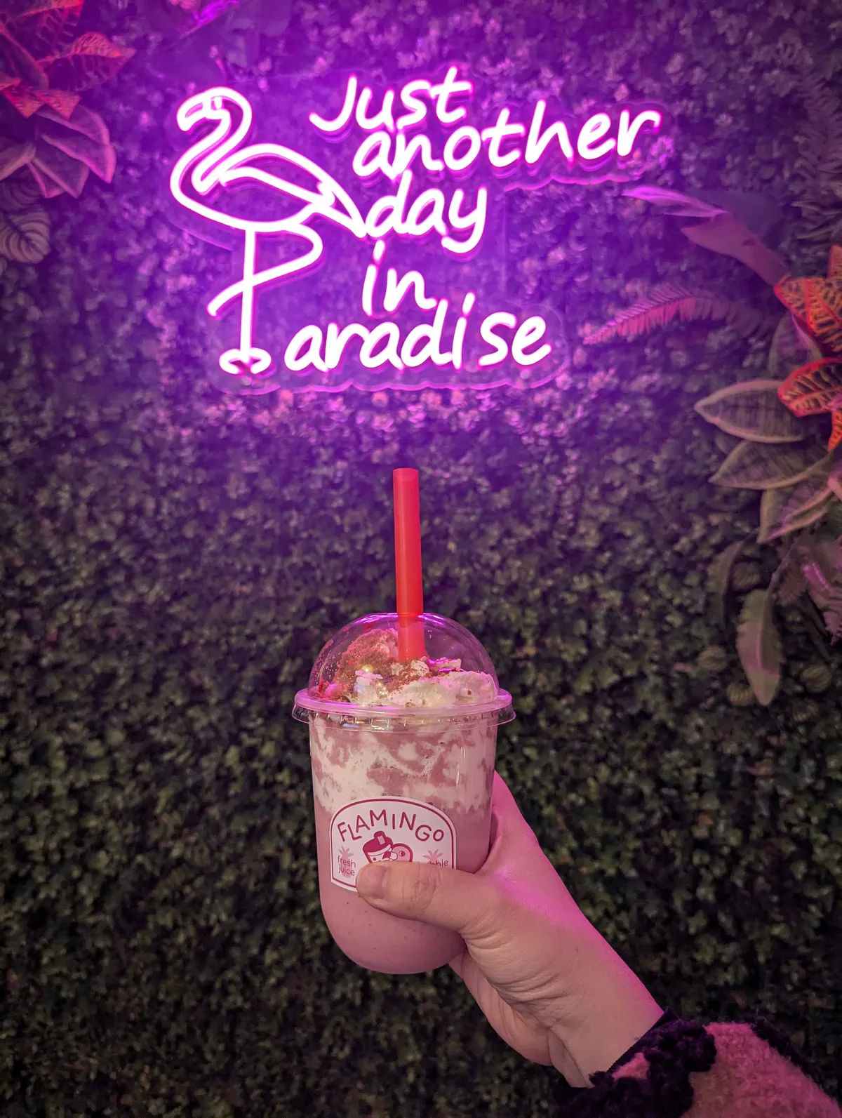 Peige holds a cup filled with pink liquid against a leafy backdrop with a neon pink sign that reads, "Just another day in Paradise."