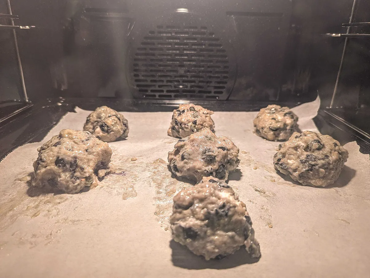 Lumpy cookie dough in the oven.