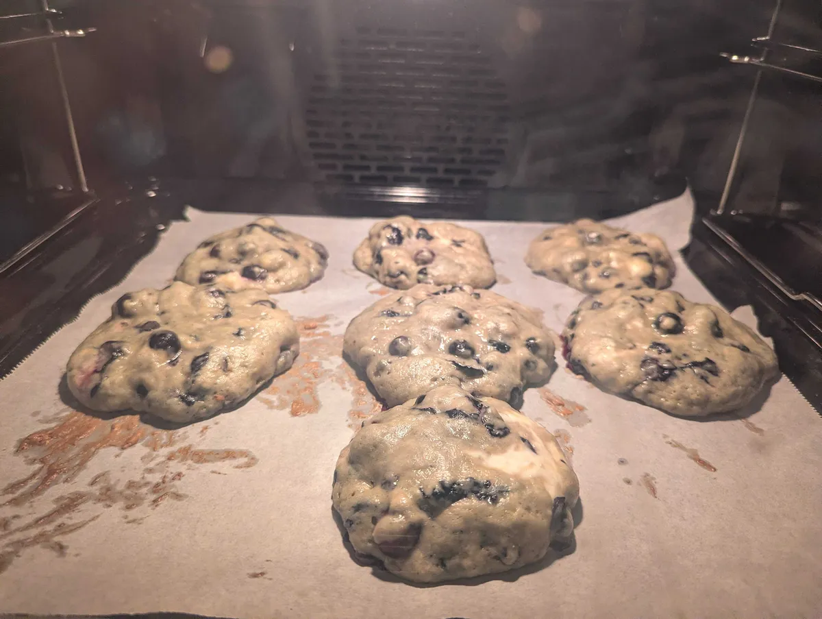 Large blueberry and cream cheese cookies baking in the oven.