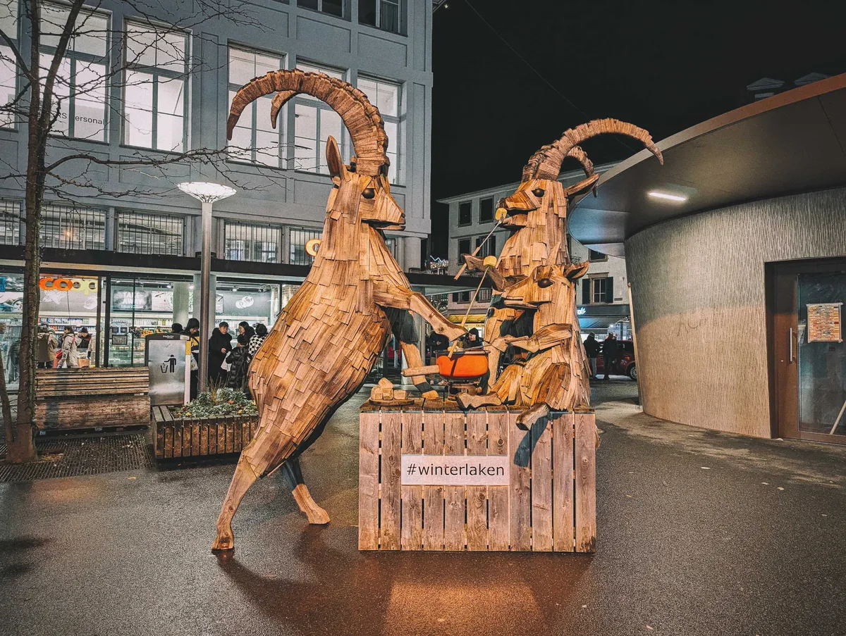 Wooden goats are positioned near a wooden grate that has a sign that reads, "#winterlaken."