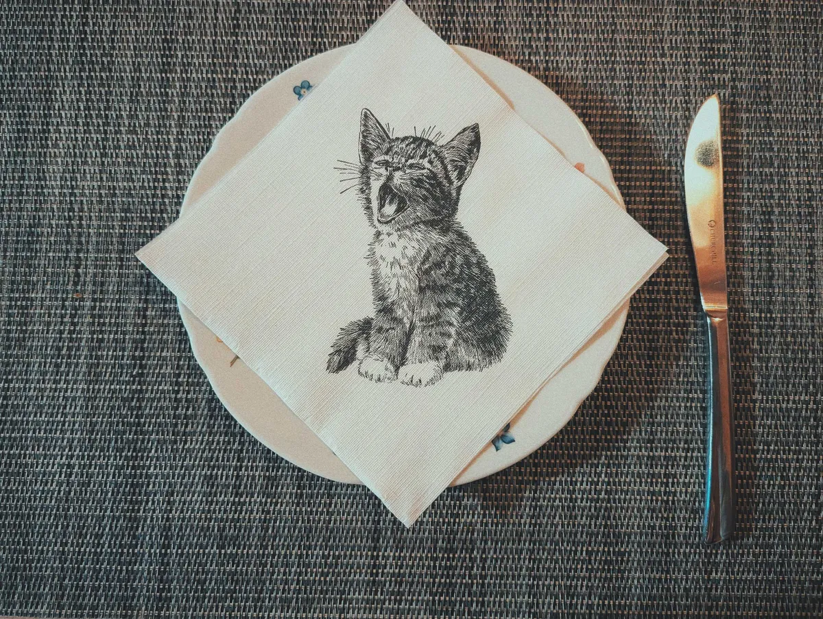 White napkin with a black line drawing of a yawning kitten set on top of a plate.