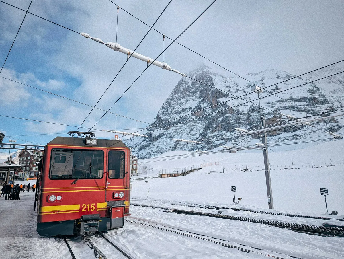 A red train parked on the tracks with the mountains behind it.