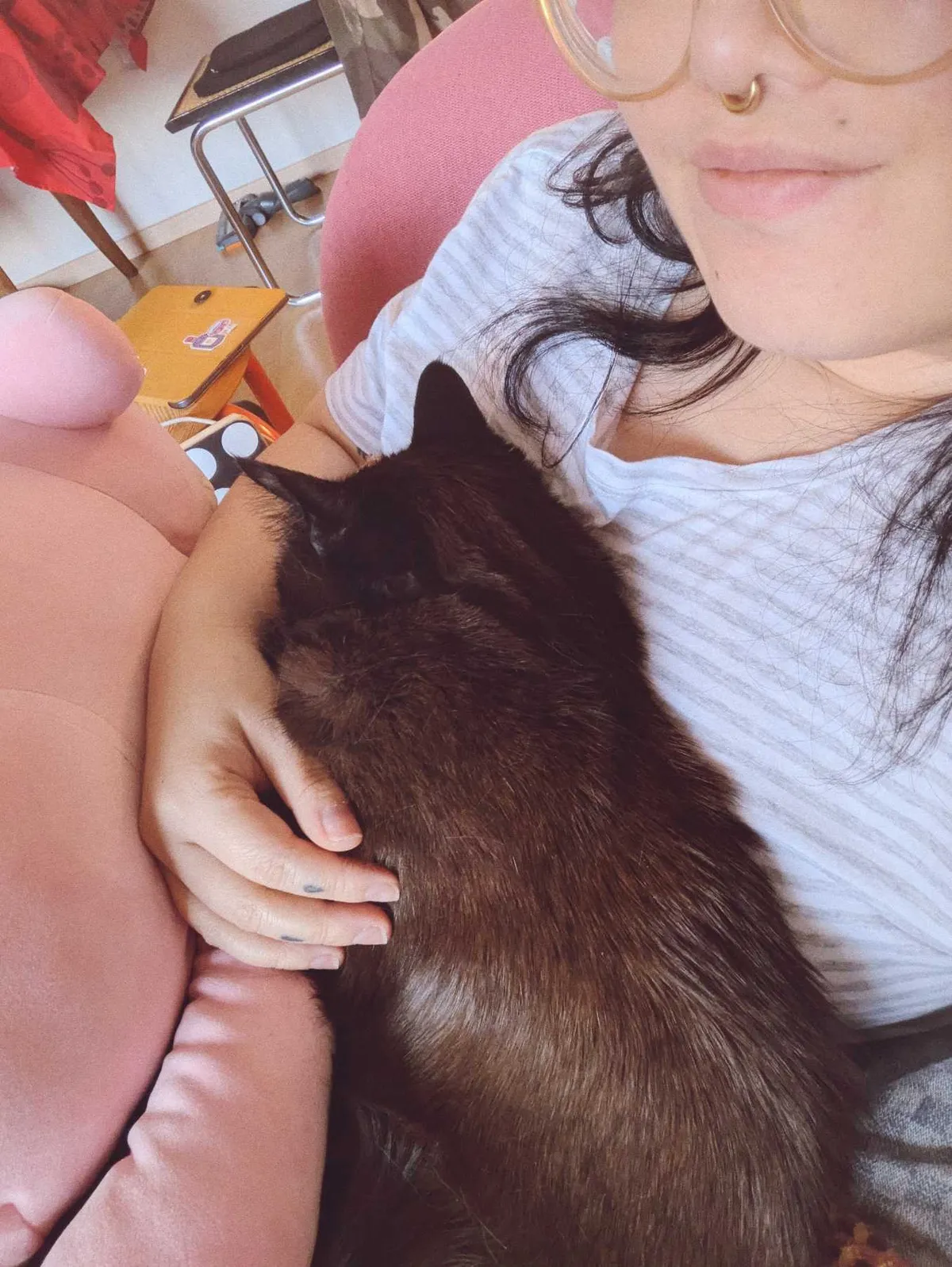 Boba the black cat snuggling on Peige's body.
