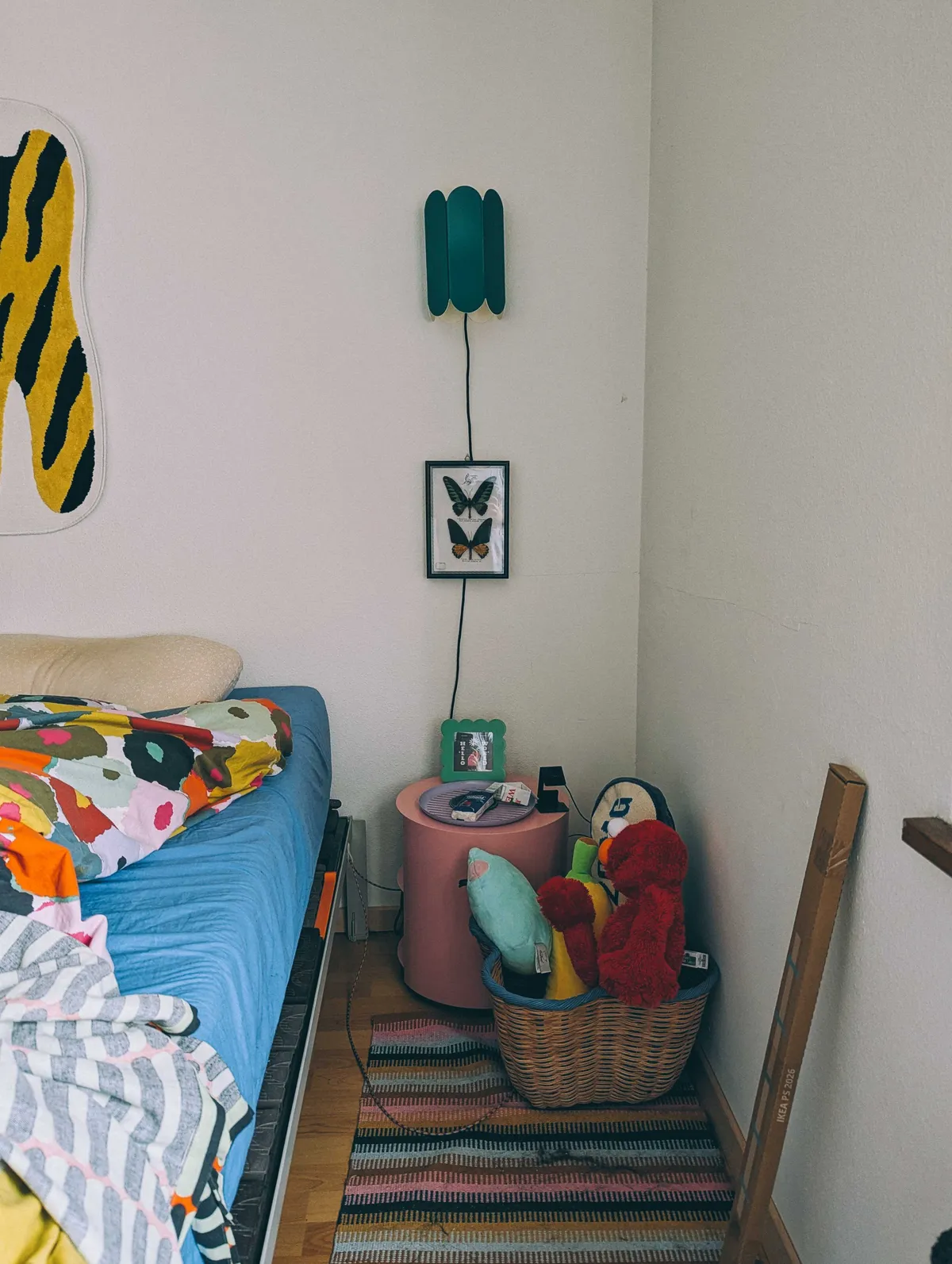 Peige's corner of the bedroom. The colorful rug has clumps of hair and dust.