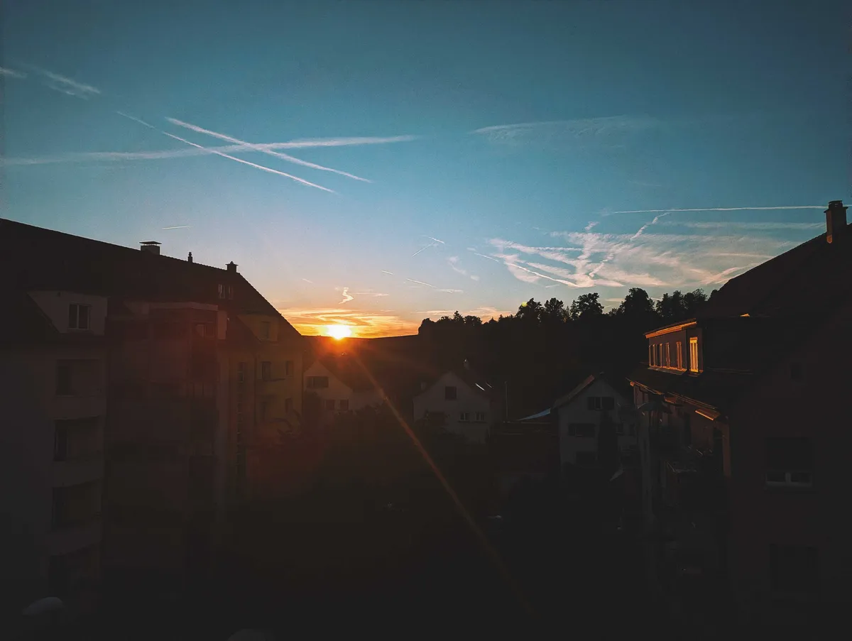 A sun setting in the distance, over a shadowed skyline of apartment buildings and trees.