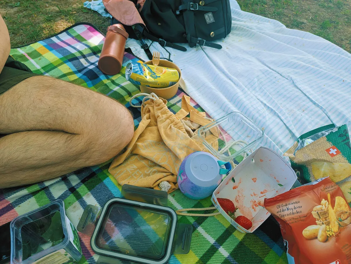 Two kinds of blankets on the grass with a bunch of items dumped on top, including bags of chips and an almost empty box of strawberries. Daniel's leg is cropped near the corner.