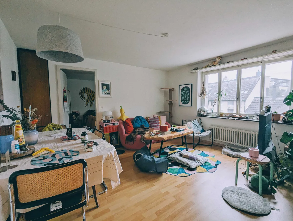 Same living room but now there's a blue pillow on the couch, and the tables look a bit more orderly.
