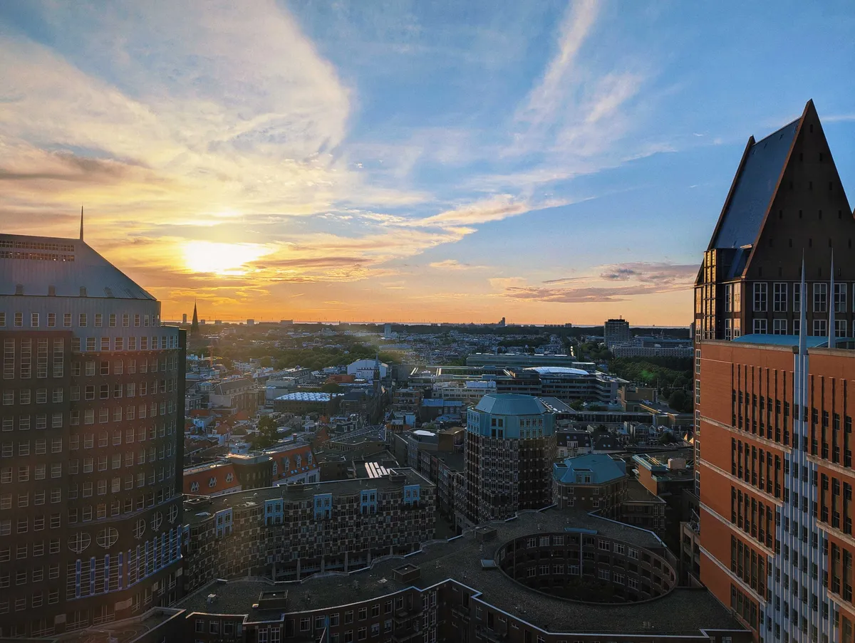 Sunset overlooking the buildings of Den Haag.