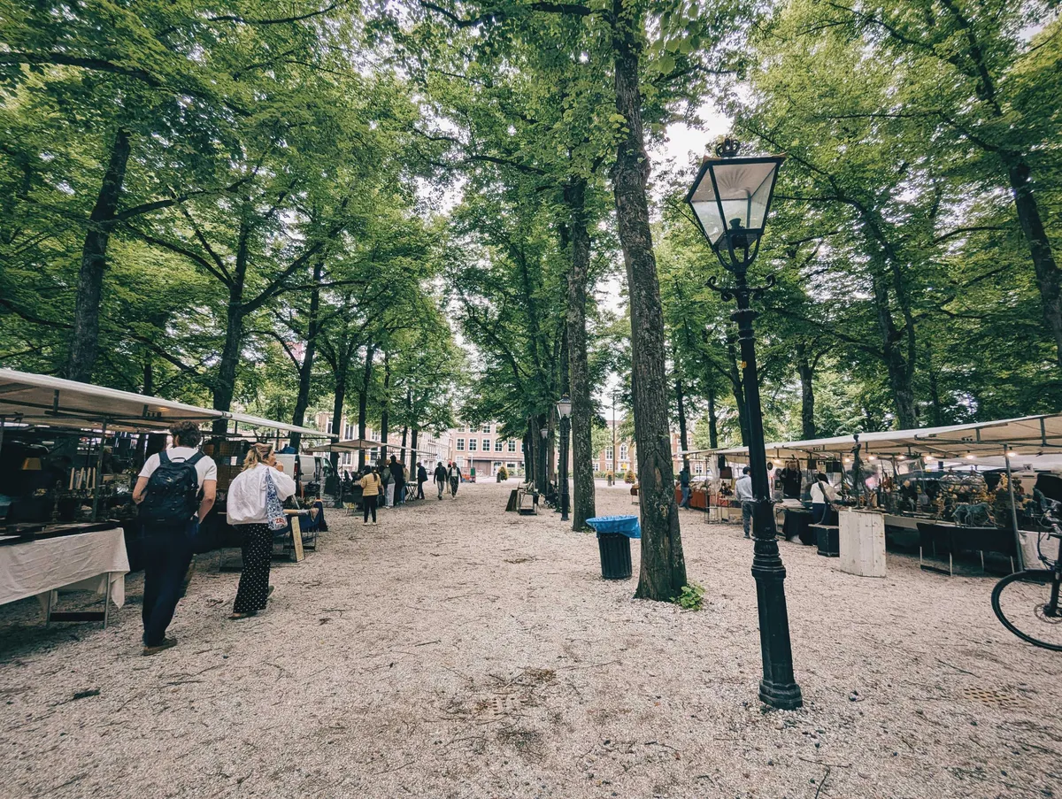 A gravelly road lined with antique sellers on each side.