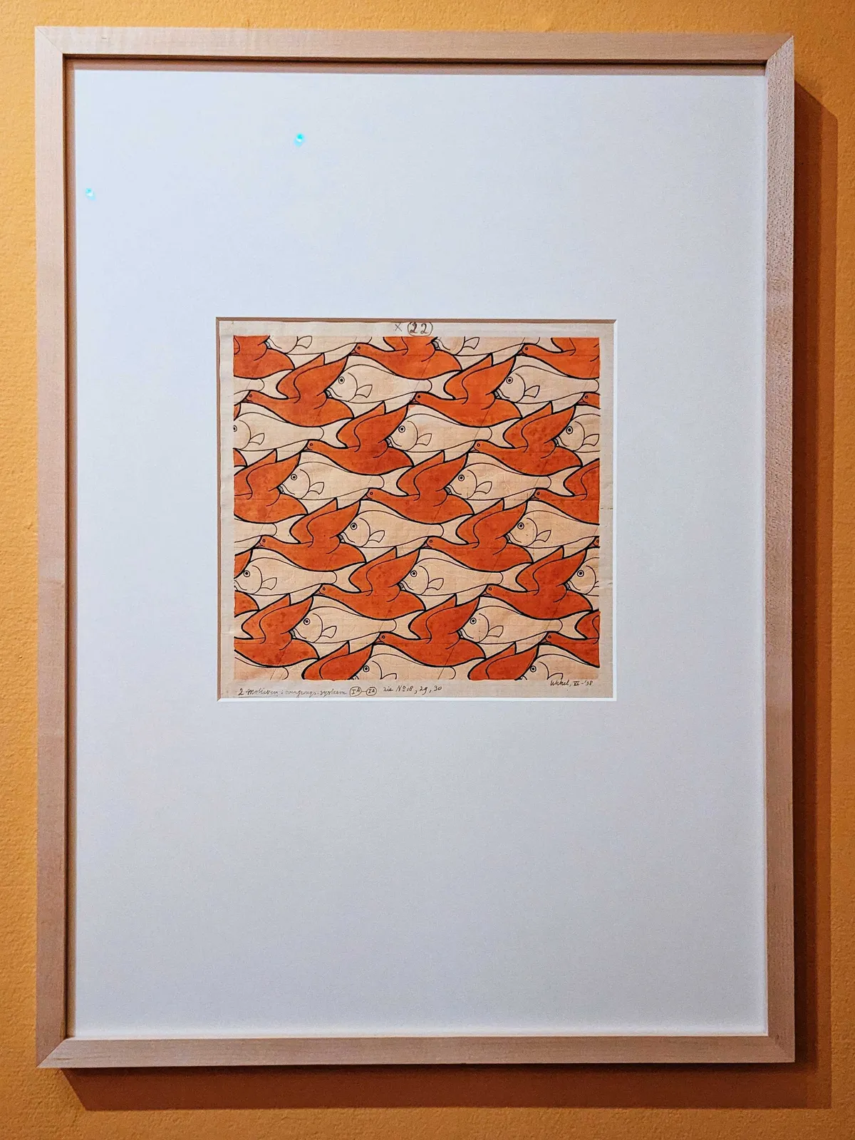 A pattern of flying red ducks and white fish.