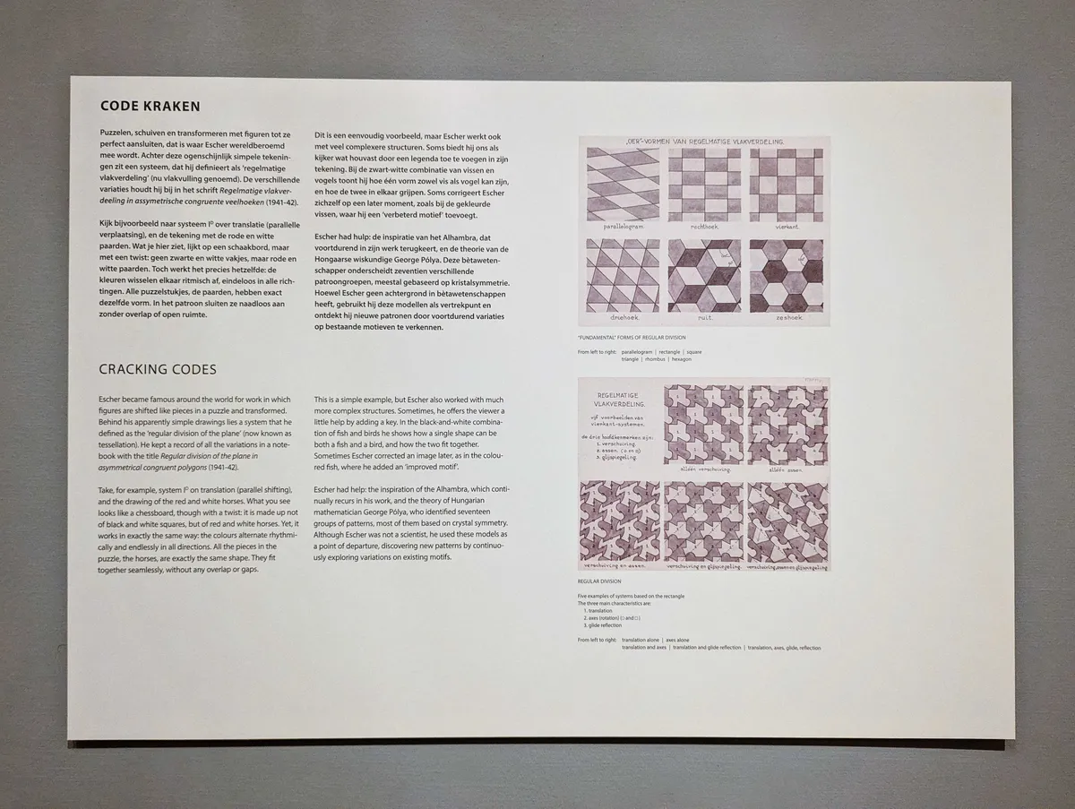 A sign explaining how Escher used math to design his patterns.
