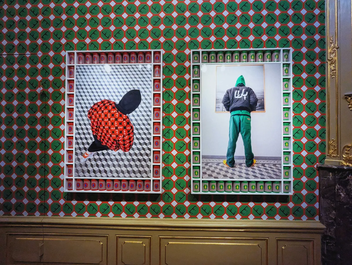 Images by Hassan Hajjaj, featuring the backs of fashionably dressed people within a frame that is lined with matching spice tins.