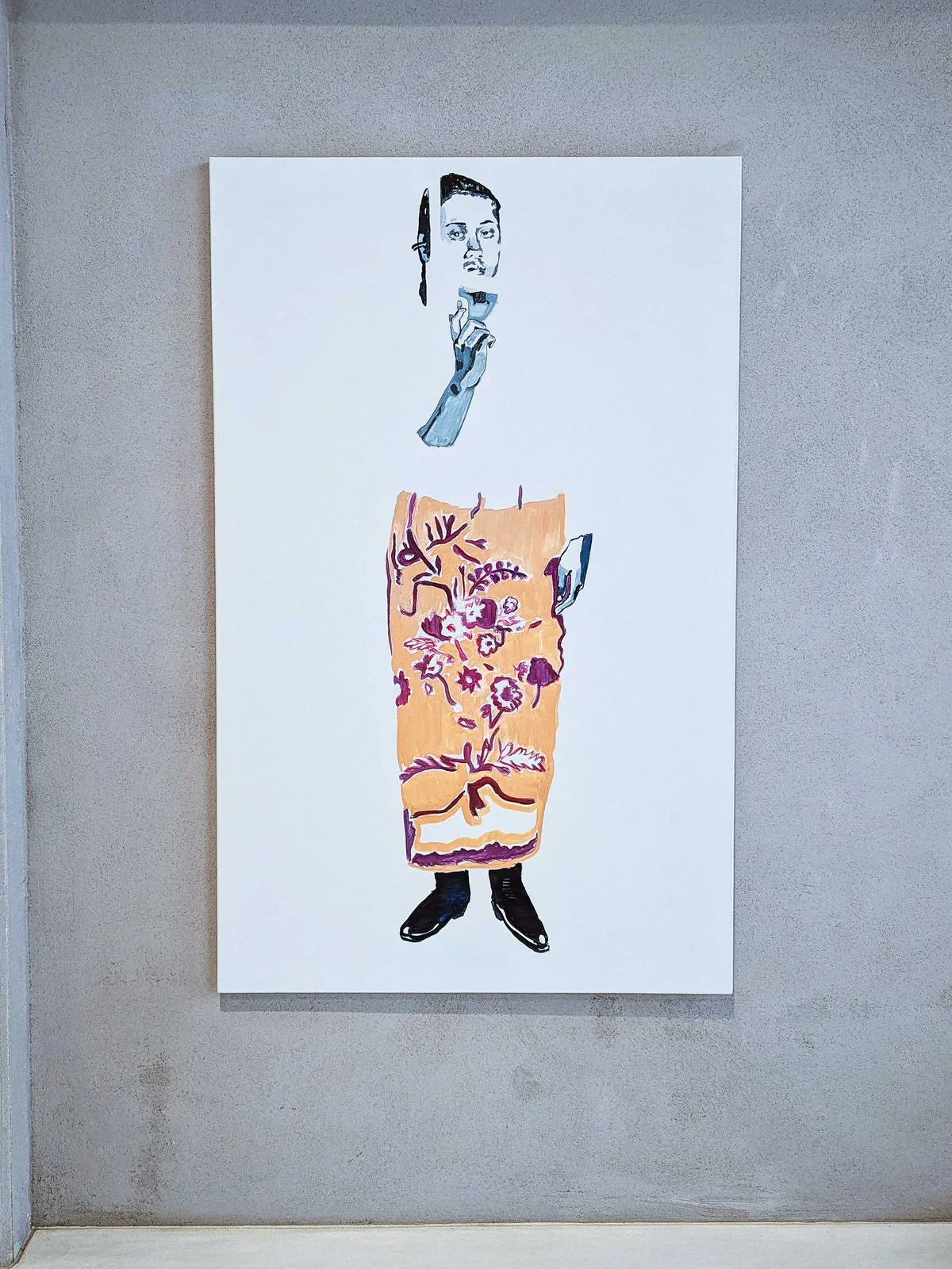 A painting of a feminine figure wearing a sarong and holding what seems to be the outline of a gun, except the gun is not painted in and is left blank.