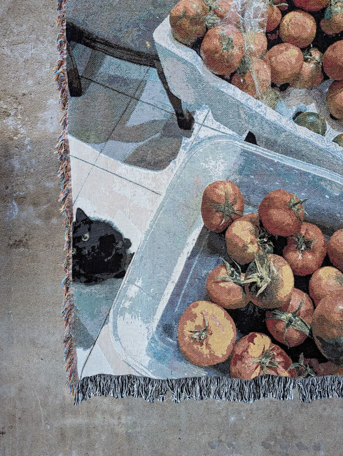 A photographic image made into a blanket, showing tomatoes inside plastic tubs and a black cat looking up from the floor.