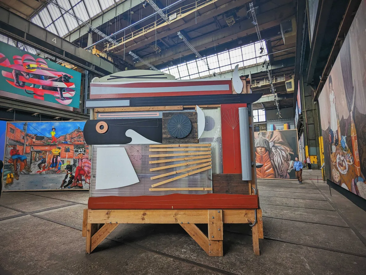 A sculptural piece made out of wood and Formica, featuring geometric patterns and textures.