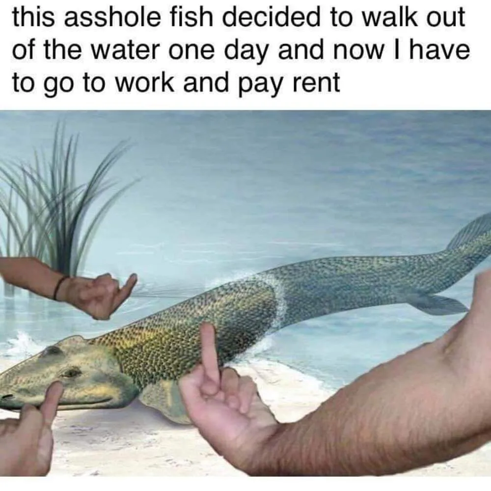 Meme of a fish walking onto land and hands showing it the middle finger.