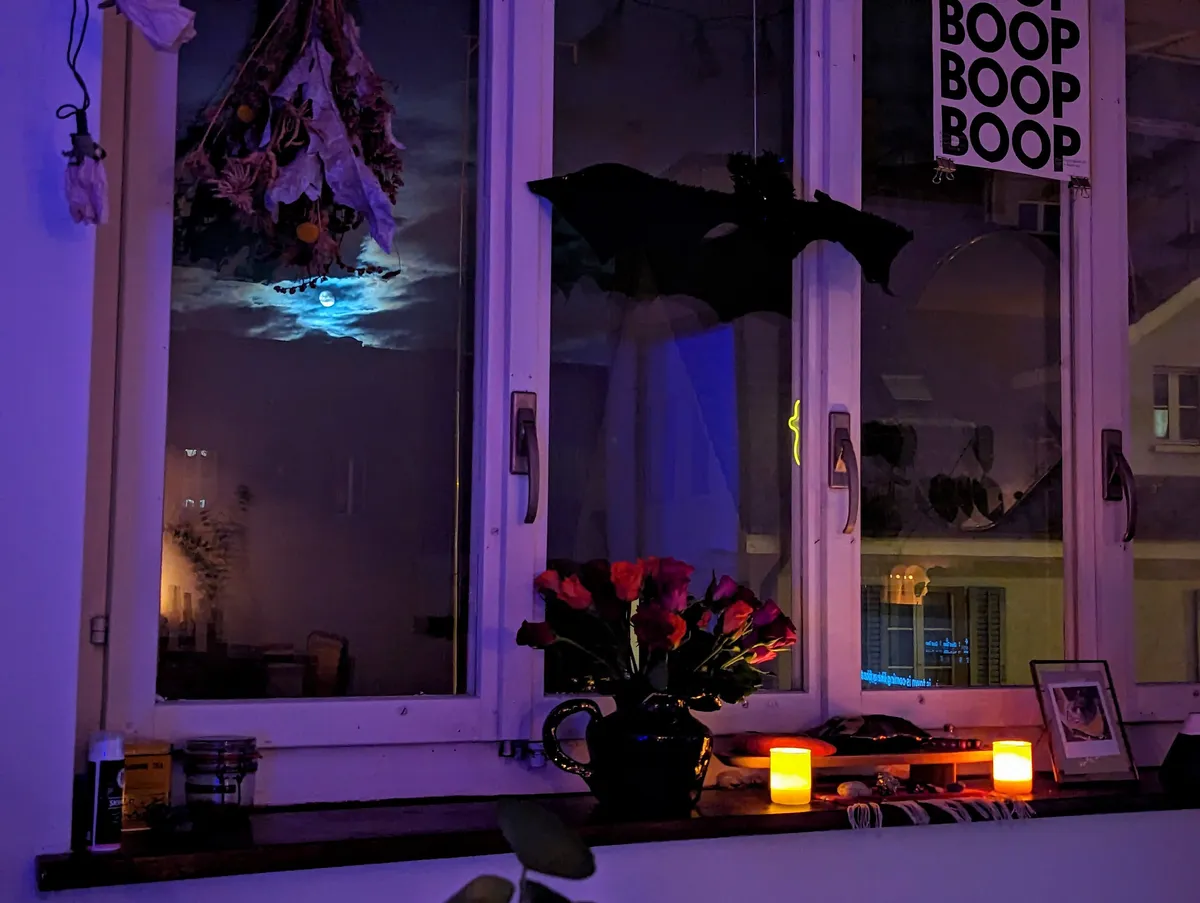 Spyder's altar on the windowsill, against a moonlight window.