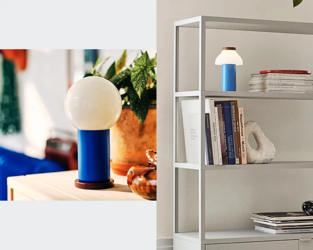 The Ikea lamp has a large white globe, blue cylindrical body and dark brown base. The Hay lamp uses the same brown as a cap on top of the lamp, with a blue cylindrical base. The white portion is where the lamp flares out.