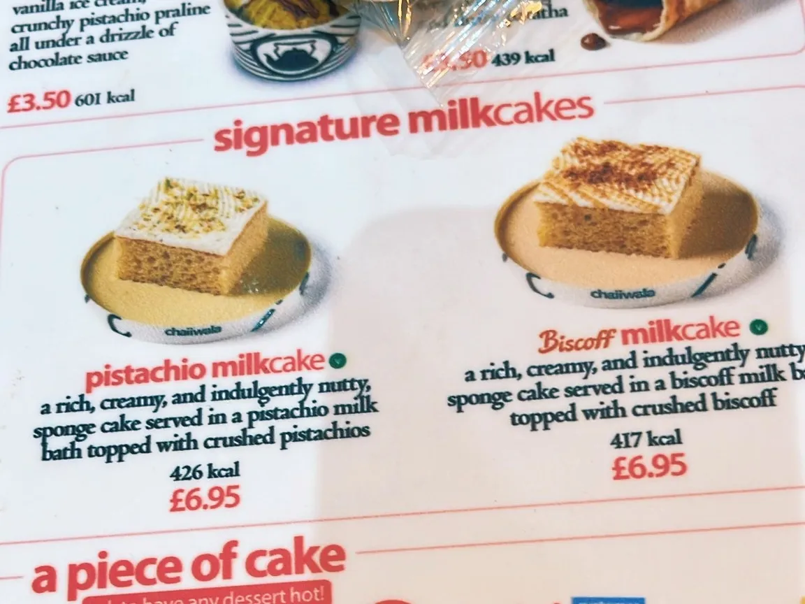 A menu focusing on pistachio and biscoff milkcake.
