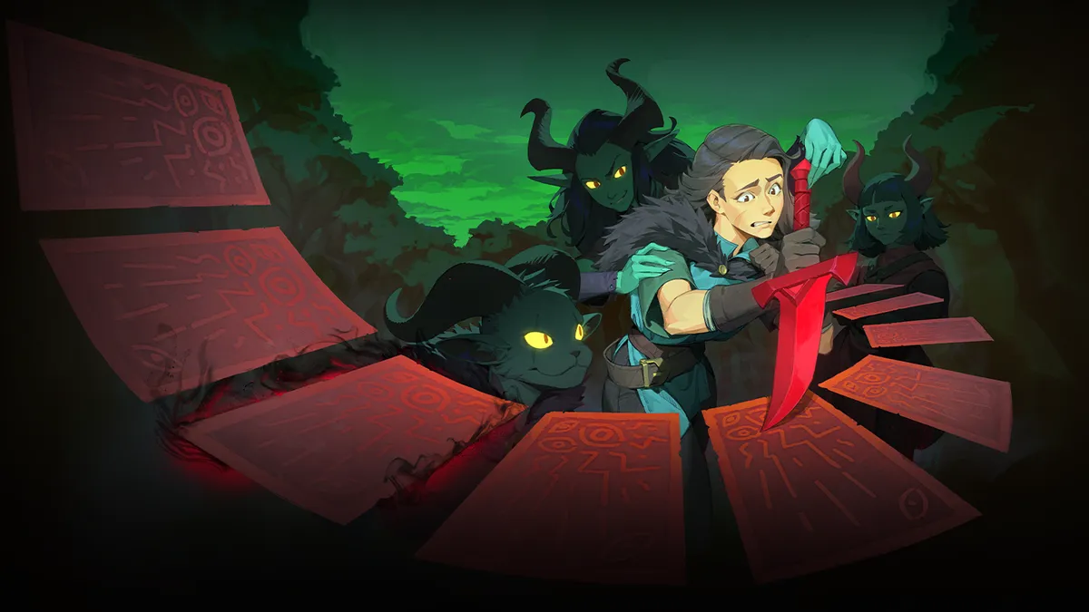Demon Bluff main image, showing an illustration of cards and a nervous player poking at one with a knife, while demons look on in the shadows.