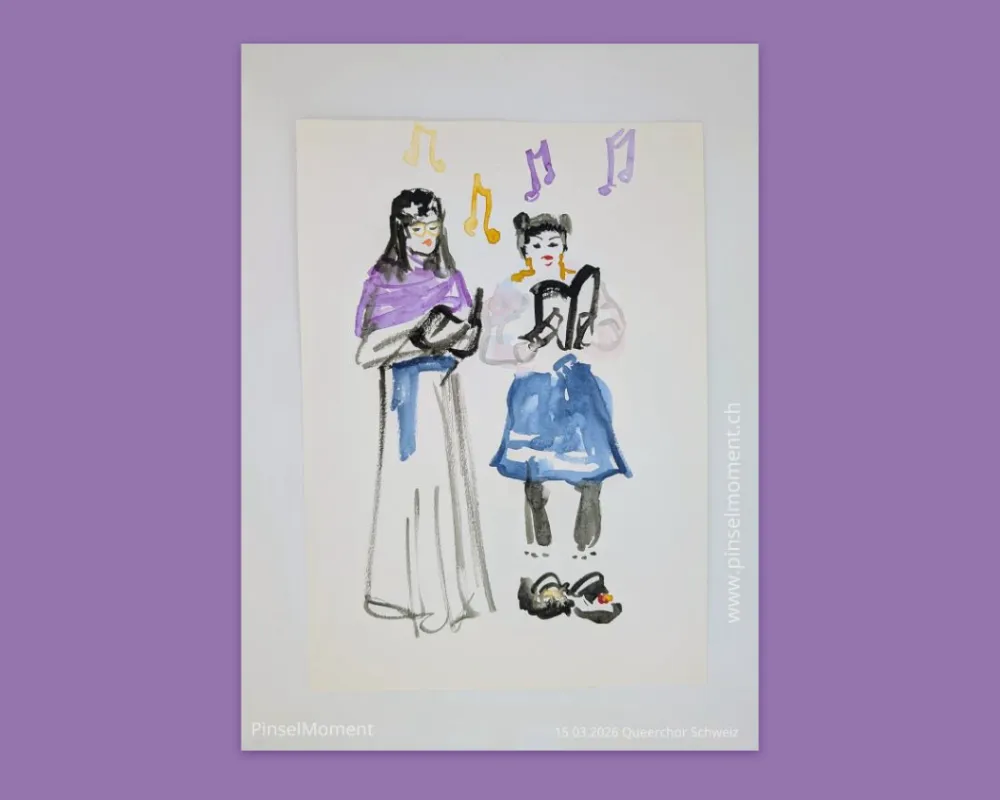 A water color painting of two people. The person on the left has long black hair, glasses, and wears a purple shawl with a blue scarf tied around the waist. The person on the right has black hair with two buns, a white blouse, blue skirt, black leggings, and black shoes with decorations on them. Both are holding sheet music. There are music symbols floating above their heads.