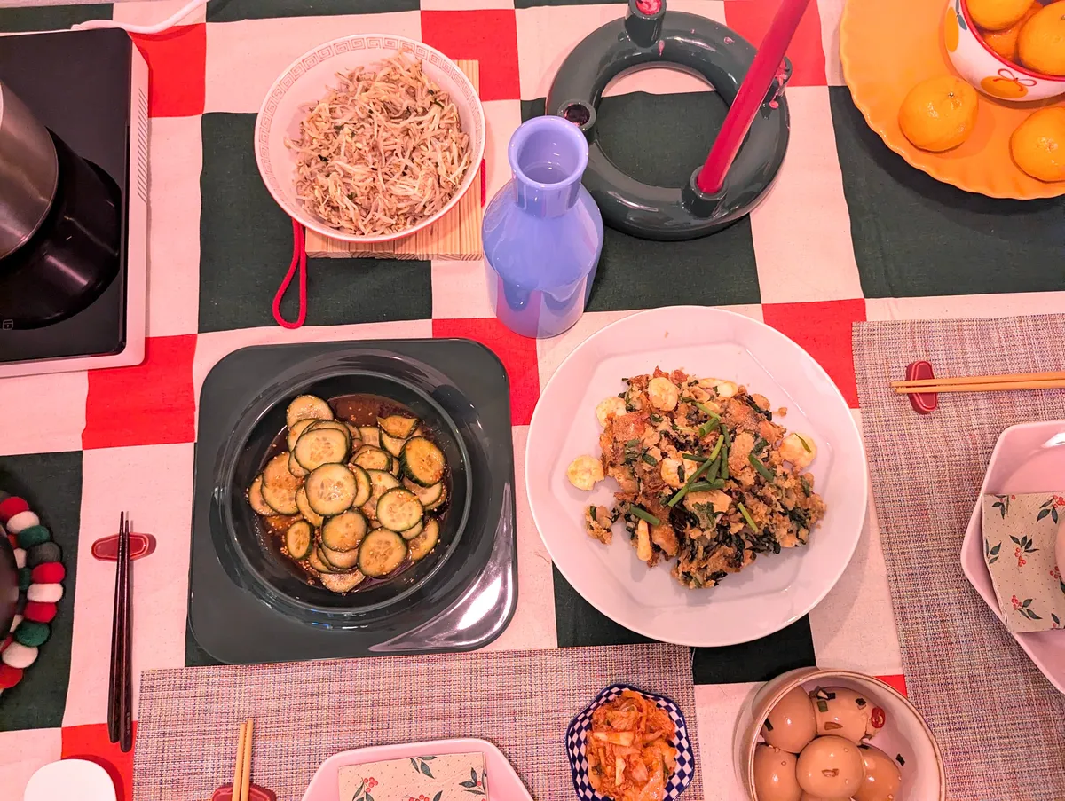 Another angle of the Korean food spread.