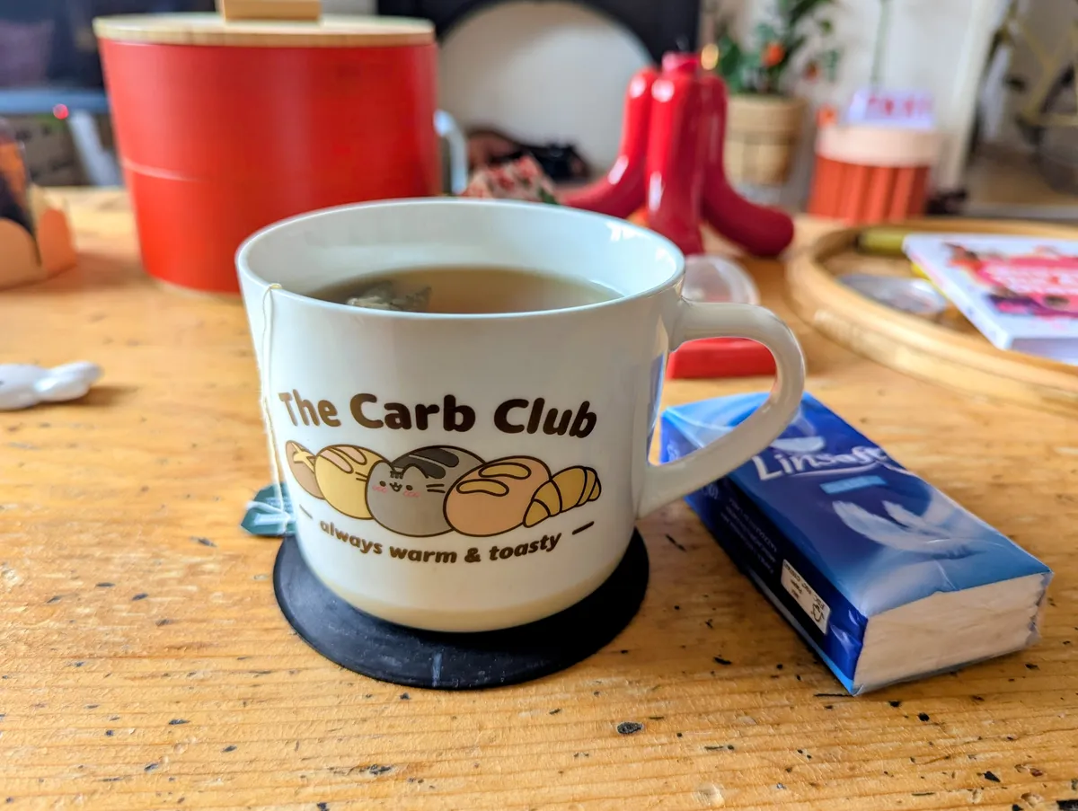 A cup of tea next to a packet of tissues. The cup says, "The Carb Club, always warm and toasty" with Pusheen in the middle of a bunch of bread.