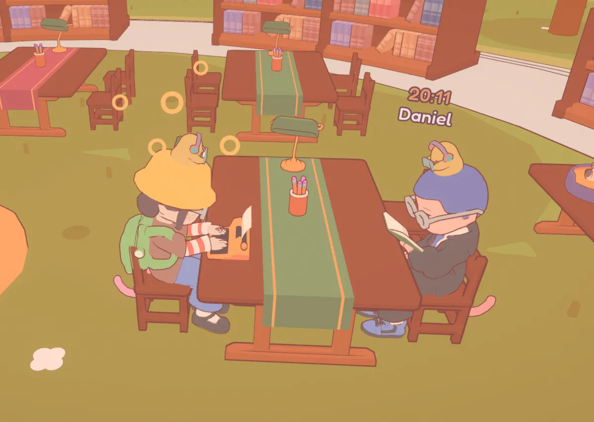 Avatar of Peige wearing a yellow bucket hat typing on an orange typewriter. Across from them is an avatar of Daniel with blue hair and a duck on his head, reading a book.