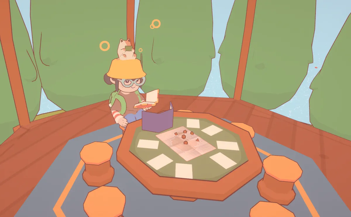 Avatar of Peige holding a book and sitting in the dungeon master spot (with a folder in front) on a hexagonal table. There are stools surrounding the table with 7 pieces of paper on the tabletop.
