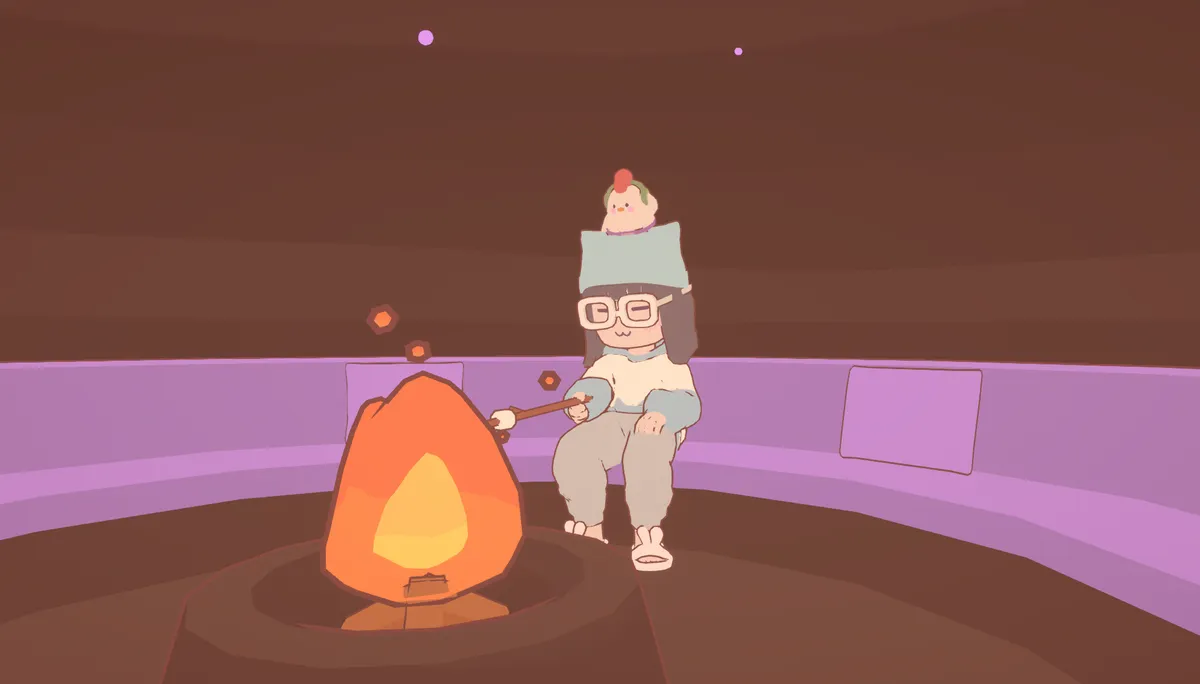 Avatar Peige dressed in blue and white comfy clothing while toasting a marshmallow over an open fire.
