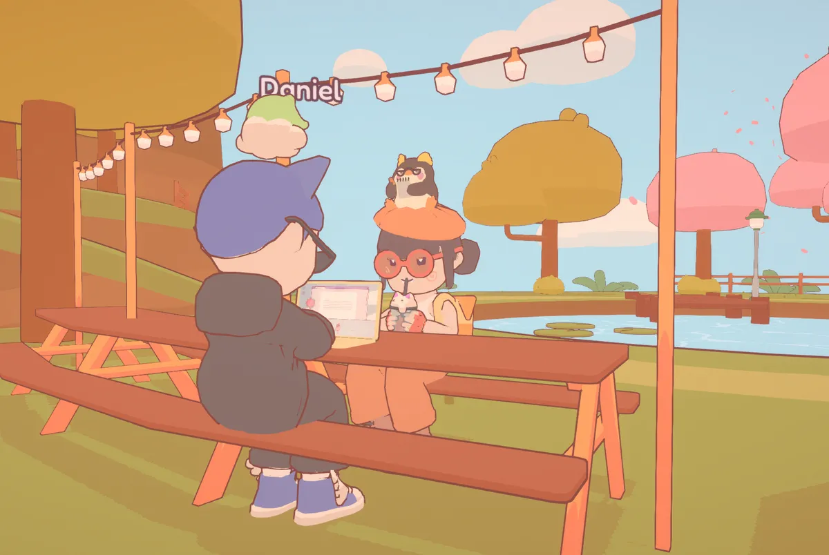 Avatar Peige wearing an orange beret and red circle sunglasses, sipping on boba. Avatar Daniel with blue cat ear is working on a laptop.