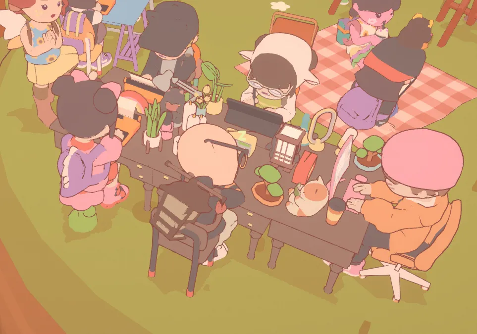 The avatars have constructed a long brown work table by pushing their individual desks together.