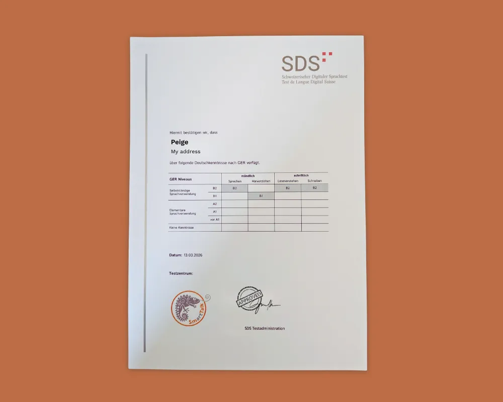 The SDS certificate stating Peige's levels per test section. There is a stamp of approval and a signature.